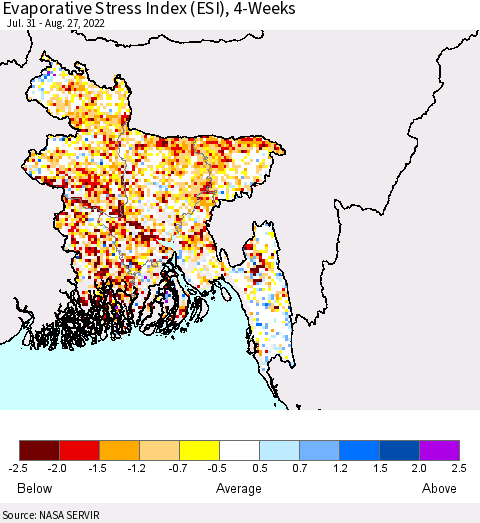 Bangladesh Evaporative Stress Index (ESI), 4-Weeks Thematic Map For 8/22/2022 - 8/28/2022