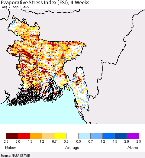 Bangladesh Evaporative Stress Index (ESI), 4-Weeks Thematic Map For 8/29/2022 - 9/4/2022