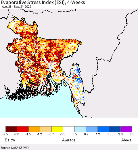 Bangladesh Evaporative Stress Index (ESI), 4-Weeks Thematic Map For 9/19/2022 - 9/25/2022