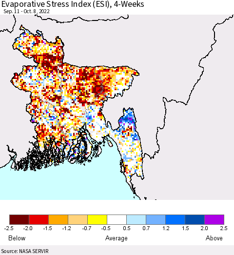 Bangladesh Evaporative Stress Index (ESI), 4-Weeks Thematic Map For 10/3/2022 - 10/9/2022