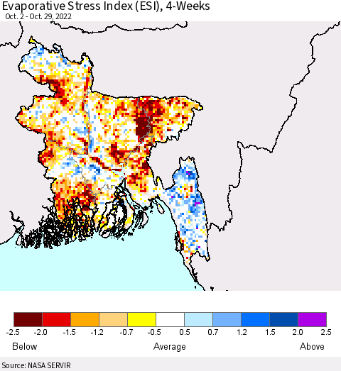 Bangladesh Evaporative Stress Index (ESI), 4-Weeks Thematic Map For 10/24/2022 - 10/30/2022