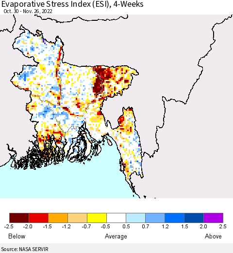 Bangladesh Evaporative Stress Index (ESI), 4-Weeks Thematic Map For 11/21/2022 - 11/27/2022