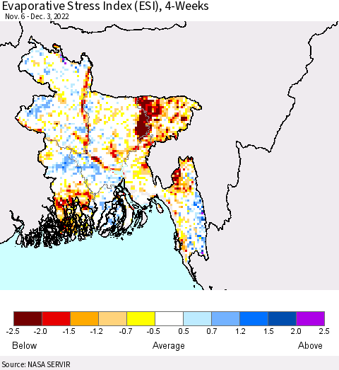 Bangladesh Evaporative Stress Index (ESI), 4-Weeks Thematic Map For 11/28/2022 - 12/4/2022