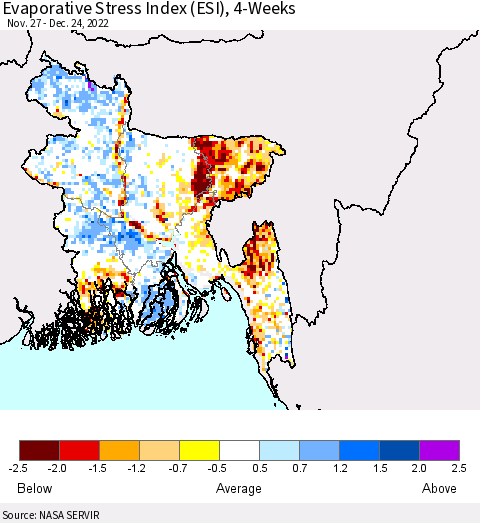 Bangladesh Evaporative Stress Index (ESI), 4-Weeks Thematic Map For 12/19/2022 - 12/25/2022