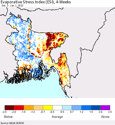 Bangladesh Evaporative Stress Index (ESI), 4-Weeks Thematic Map For 12/26/2022 - 1/1/2023