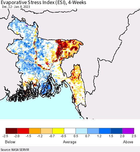 Bangladesh Evaporative Stress Index (ESI), 4-Weeks Thematic Map For 1/2/2023 - 1/8/2023