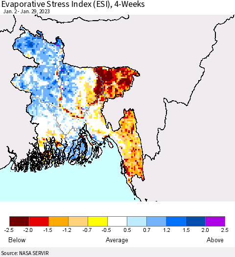 Bangladesh Evaporative Stress Index (ESI), 4-Weeks Thematic Map For 1/23/2023 - 1/29/2023