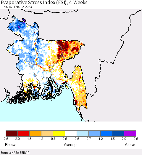Bangladesh Evaporative Stress Index (ESI), 4-Weeks Thematic Map For 2/6/2023 - 2/12/2023