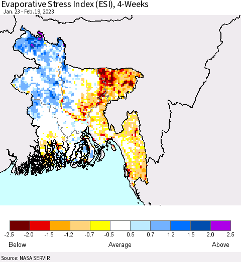 Bangladesh Evaporative Stress Index (ESI), 4-Weeks Thematic Map For 2/13/2023 - 2/19/2023