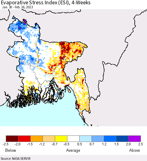 Bangladesh Evaporative Stress Index (ESI), 4-Weeks Thematic Map For 2/20/2023 - 2/26/2023