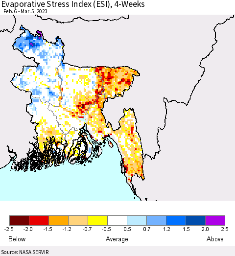 Bangladesh Evaporative Stress Index (ESI), 4-Weeks Thematic Map For 2/27/2023 - 3/5/2023
