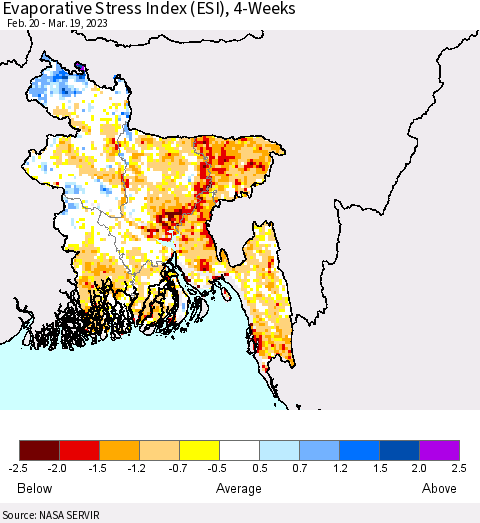 Bangladesh Evaporative Stress Index (ESI), 4-Weeks Thematic Map For 3/13/2023 - 3/19/2023