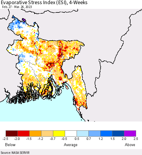 Bangladesh Evaporative Stress Index (ESI), 4-Weeks Thematic Map For 3/20/2023 - 3/26/2023