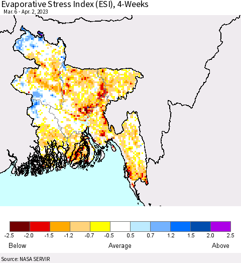Bangladesh Evaporative Stress Index (ESI), 4-Weeks Thematic Map For 3/27/2023 - 4/2/2023