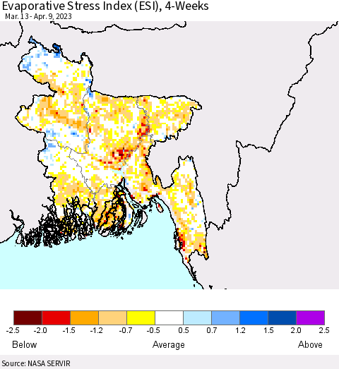 Bangladesh Evaporative Stress Index (ESI), 4-Weeks Thematic Map For 4/3/2023 - 4/9/2023