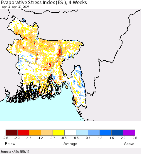 Bangladesh Evaporative Stress Index (ESI), 4-Weeks Thematic Map For 4/24/2023 - 4/30/2023