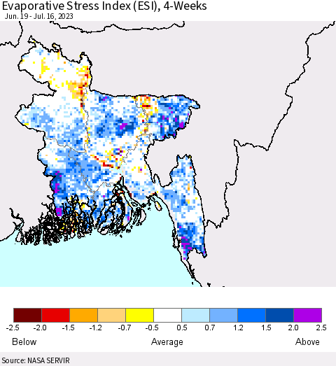 Bangladesh Evaporative Stress Index (ESI), 4-Weeks Thematic Map For 7/10/2023 - 7/16/2023