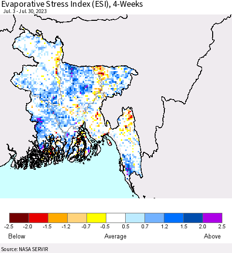 Bangladesh Evaporative Stress Index (ESI), 4-Weeks Thematic Map For 7/24/2023 - 7/30/2023