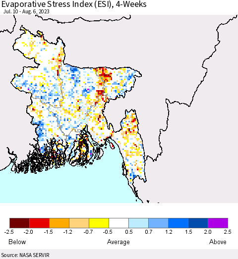 Bangladesh Evaporative Stress Index (ESI), 4-Weeks Thematic Map For 7/31/2023 - 8/6/2023