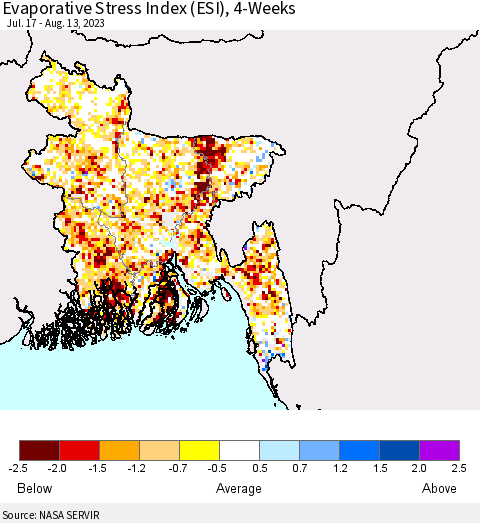 Bangladesh Evaporative Stress Index (ESI), 4-Weeks Thematic Map For 8/7/2023 - 8/13/2023