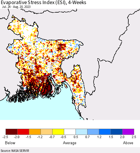 Bangladesh Evaporative Stress Index (ESI), 4-Weeks Thematic Map For 8/14/2023 - 8/20/2023