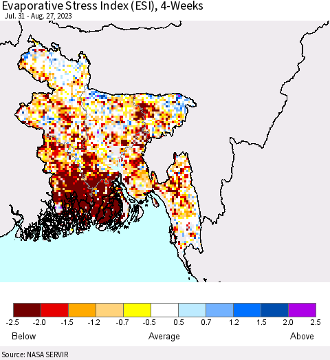 Bangladesh Evaporative Stress Index (ESI), 4-Weeks Thematic Map For 8/21/2023 - 8/27/2023