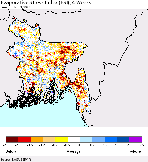 Bangladesh Evaporative Stress Index (ESI), 4-Weeks Thematic Map For 8/28/2023 - 9/3/2023