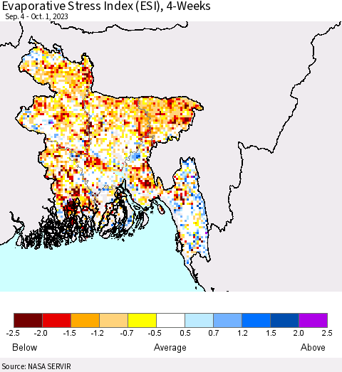 Bangladesh Evaporative Stress Index (ESI), 4-Weeks Thematic Map For 9/25/2023 - 10/1/2023