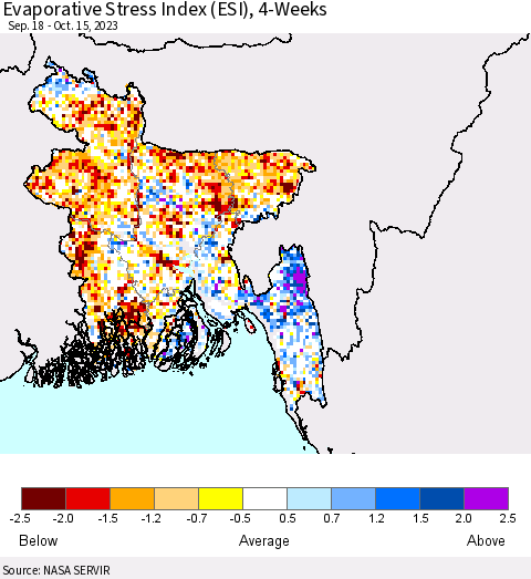 Bangladesh Evaporative Stress Index (ESI), 4-Weeks Thematic Map For 10/9/2023 - 10/15/2023