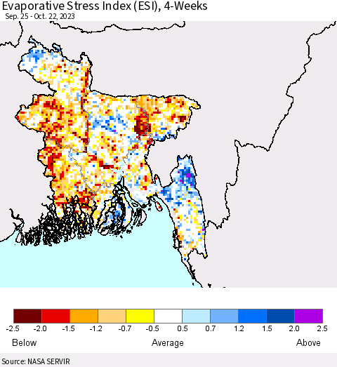 Bangladesh Evaporative Stress Index (ESI), 4-Weeks Thematic Map For 10/16/2023 - 10/22/2023