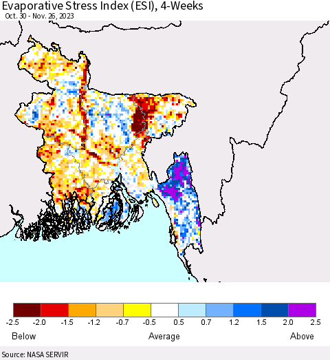 Bangladesh Evaporative Stress Index (ESI), 4-Weeks Thematic Map For 11/20/2023 - 11/26/2023