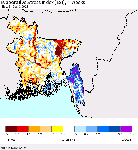 Bangladesh Evaporative Stress Index (ESI), 4-Weeks Thematic Map For 11/27/2023 - 12/3/2023