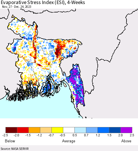 Bangladesh Evaporative Stress Index (ESI), 4-Weeks Thematic Map For 12/18/2023 - 12/24/2023