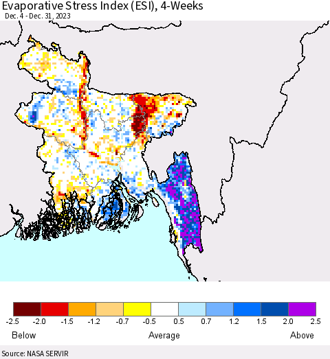 Bangladesh Evaporative Stress Index (ESI), 4-Weeks Thematic Map For 12/25/2023 - 12/31/2023