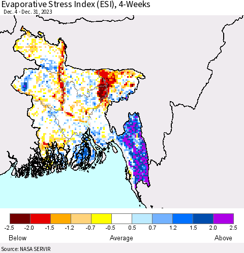 Bangladesh Evaporative Stress Index (ESI), 4-Weeks Thematic Map For 1/1/2024 - 1/7/2024