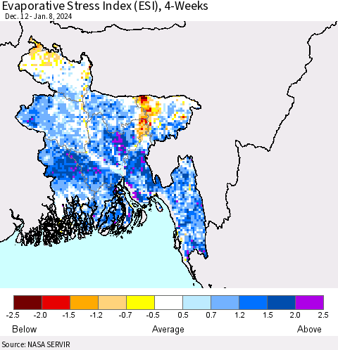 Bangladesh Evaporative Stress Index (ESI), 4-Weeks Thematic Map For 1/8/2024 - 1/14/2024