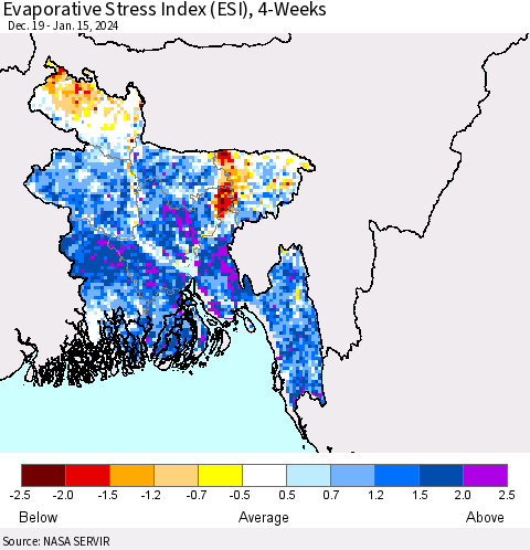 Bangladesh Evaporative Stress Index (ESI), 4-Weeks Thematic Map For 1/15/2024 - 1/21/2024