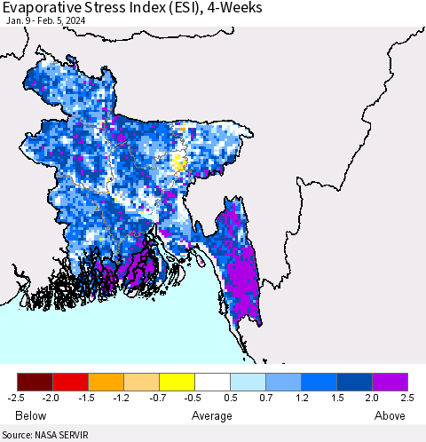 Bangladesh Evaporative Stress Index (ESI), 4-Weeks Thematic Map For 2/5/2024 - 2/11/2024