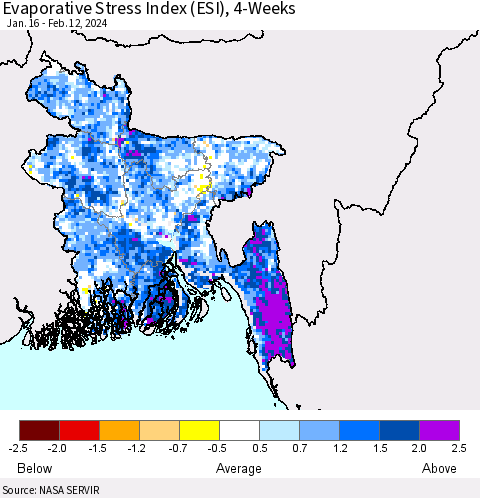 Bangladesh Evaporative Stress Index (ESI), 4-Weeks Thematic Map For 2/12/2024 - 2/18/2024