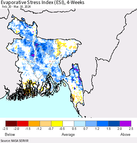 Bangladesh Evaporative Stress Index (ESI), 4-Weeks Thematic Map For 3/18/2024 - 3/24/2024