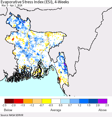 Bangladesh Evaporative Stress Index (ESI), 4-Weeks Thematic Map For 4/1/2024 - 4/7/2024