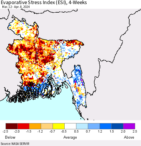 Bangladesh Evaporative Stress Index (ESI), 4-Weeks Thematic Map For 4/8/2024 - 4/14/2024