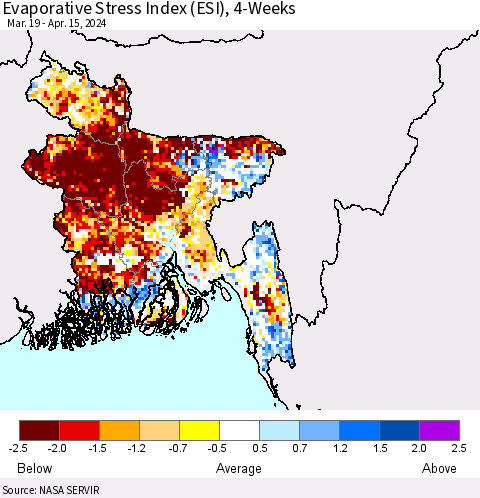 Bangladesh Evaporative Stress Index (ESI), 4-Weeks Thematic Map For 4/15/2024 - 4/21/2024