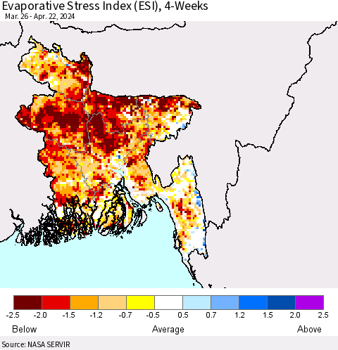 Bangladesh Evaporative Stress Index (ESI), 4-Weeks Thematic Map For 4/22/2024 - 4/28/2024