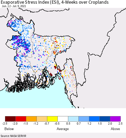 Bangladesh Evaporative Stress Index (ESI), 4-Weeks over Croplands Thematic Map For 7/5/2021 - 7/11/2021