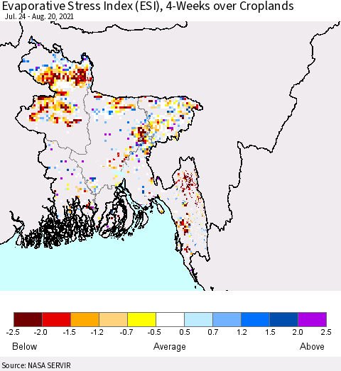 Bangladesh Evaporative Stress Index (ESI), 4-Weeks over Croplands Thematic Map For 8/16/2021 - 8/22/2021