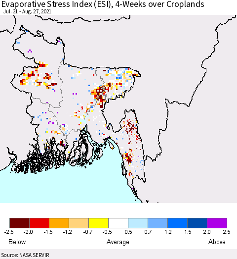 Bangladesh Evaporative Stress Index (ESI), 4-Weeks over Croplands Thematic Map For 8/23/2021 - 8/29/2021
