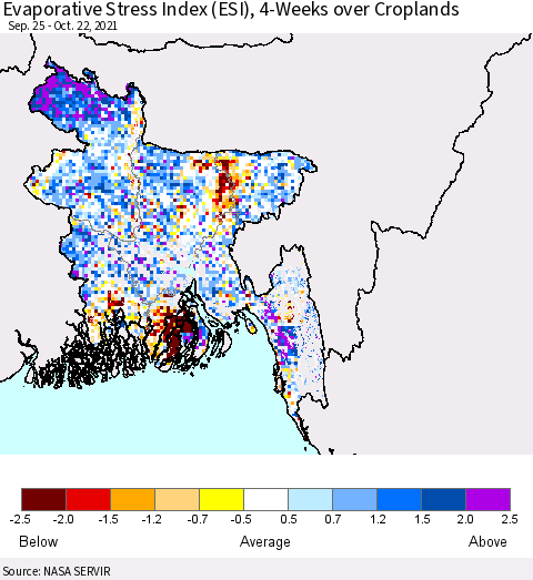 Bangladesh Evaporative Stress Index (ESI), 4-Weeks over Croplands Thematic Map For 10/18/2021 - 10/24/2021