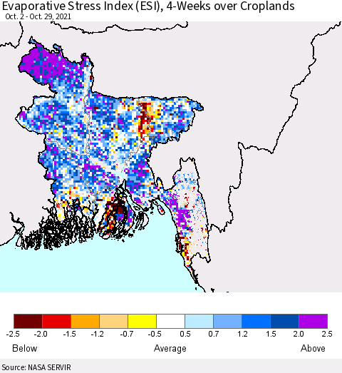 Bangladesh Evaporative Stress Index (ESI), 4-Weeks over Croplands Thematic Map For 10/25/2021 - 10/31/2021