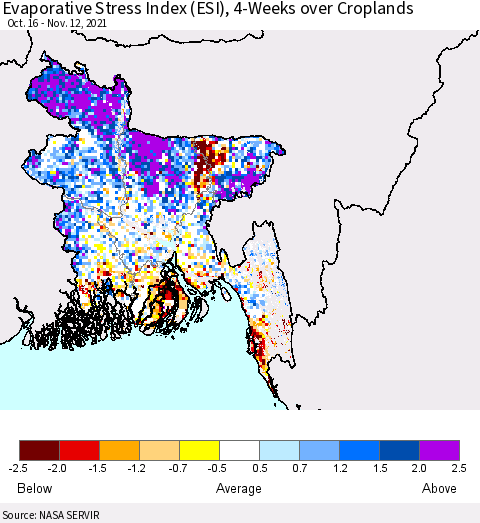 Bangladesh Evaporative Stress Index (ESI), 4-Weeks over Croplands Thematic Map For 11/8/2021 - 11/14/2021